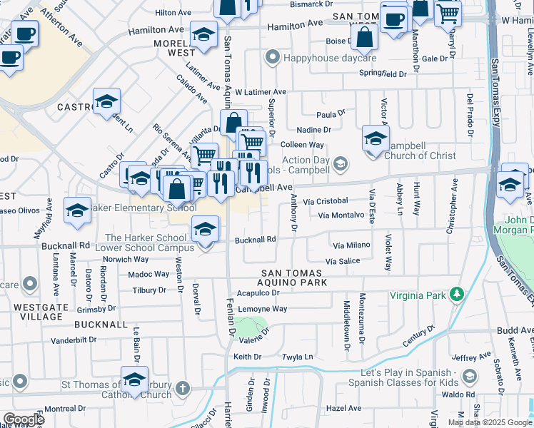 map of restaurants, bars, coffee shops, grocery stores, and more near 2021 Orestes Way in Campbell