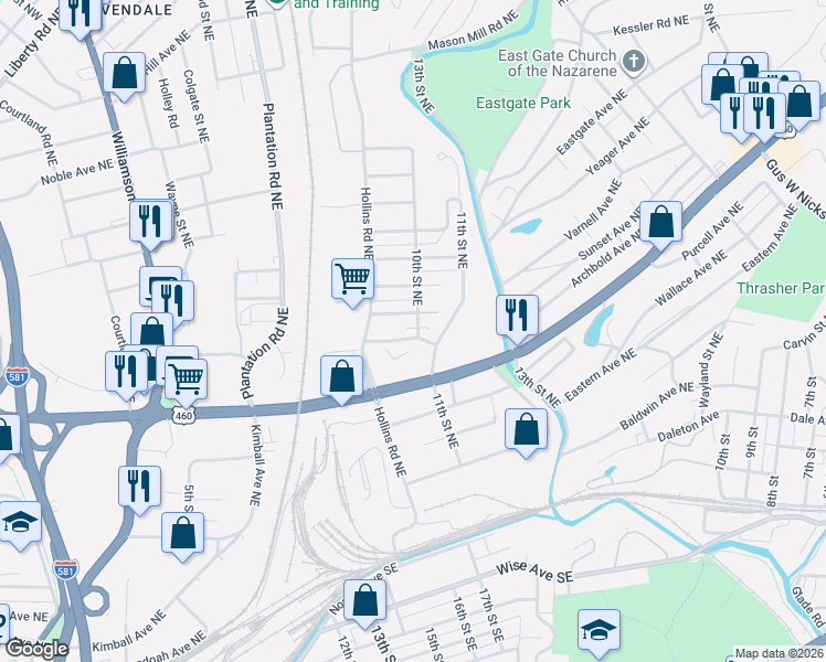 map of restaurants, bars, coffee shops, grocery stores, and more near 940 Georgia Avenue Northeast in Roanoke