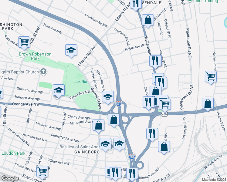 map of restaurants, bars, coffee shops, grocery stores, and more near 1535 Dunbar Street Northwest in Roanoke