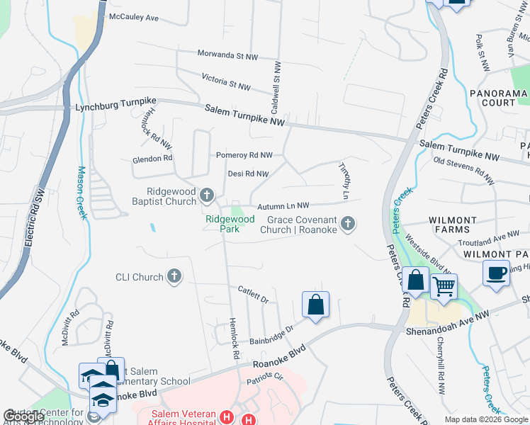 map of restaurants, bars, coffee shops, grocery stores, and more near 4827-4833 Autumn Lane Northwest in Roanoke