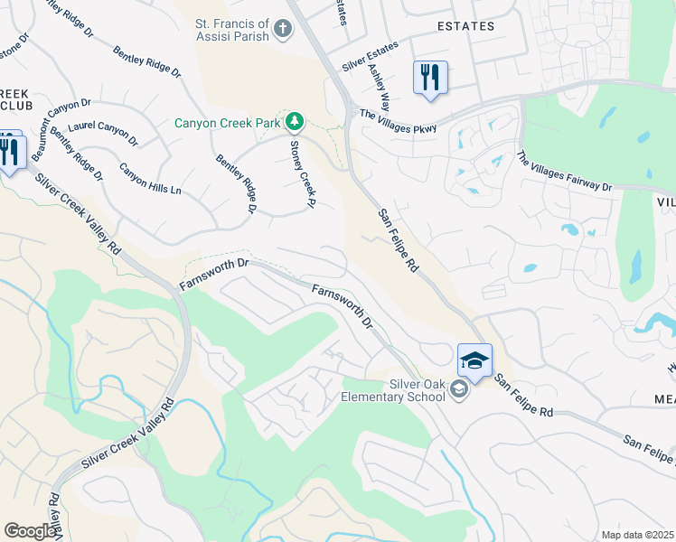 map of restaurants, bars, coffee shops, grocery stores, and more near 5253 Vicenza Way in San Jose