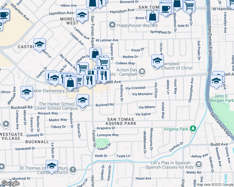 map of restaurants, bars, coffee shops, grocery stores, and more near 2040 Orestes Way in Campbell