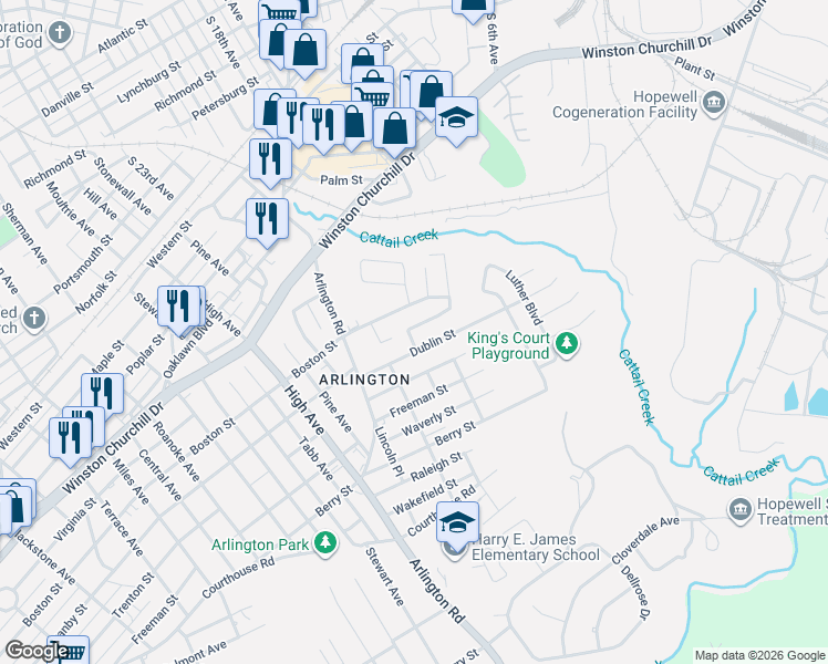 map of restaurants, bars, coffee shops, grocery stores, and more near 2210 Granby Street in Hopewell