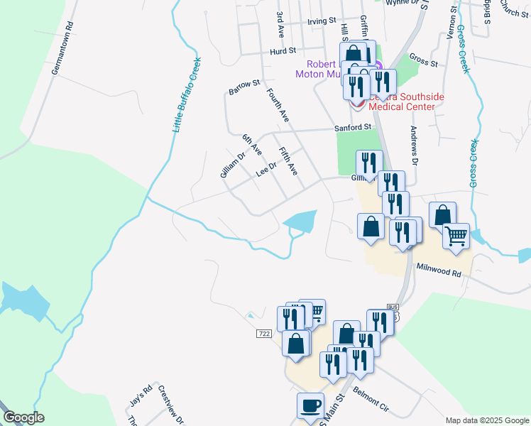 map of restaurants, bars, coffee shops, grocery stores, and more near 1411 Gilliam Drive in Farmville