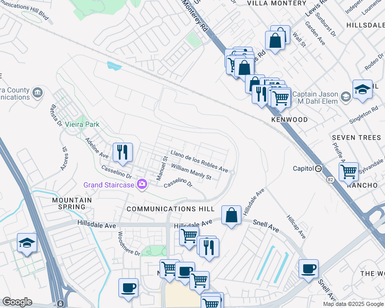 map of restaurants, bars, coffee shops, grocery stores, and more near 2981 Henry Miller Place in San Jose