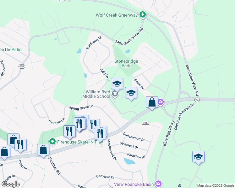 map of restaurants, bars, coffee shops, grocery stores, and more near 2910 East Washington Avenue in Vinton
