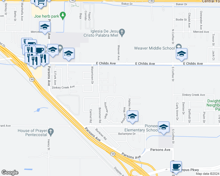 map of restaurants, bars, coffee shops, grocery stores, and more near 220 Pisa Court in Merced