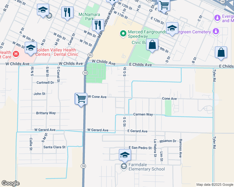 map of restaurants, bars, coffee shops, grocery stores, and more near 46 Skylark Court in Merced