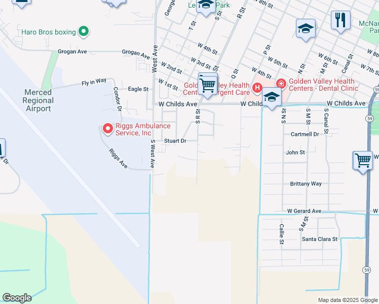 map of restaurants, bars, coffee shops, grocery stores, and more near 0 South R Street in Merced