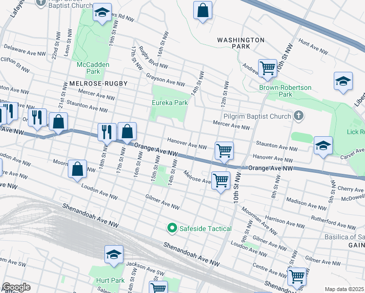 map of restaurants, bars, coffee shops, grocery stores, and more near 910 14th Street Northwest in Roanoke