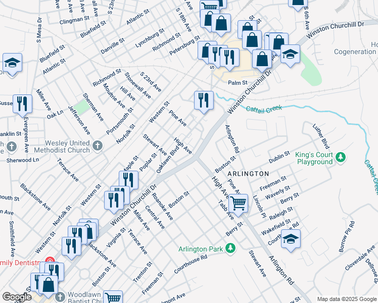 map of restaurants, bars, coffee shops, grocery stores, and more near 2607 Wise Street in Hopewell