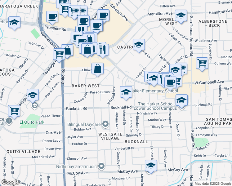 map of restaurants, bars, coffee shops, grocery stores, and more near 4908 Harmony Way in San Jose