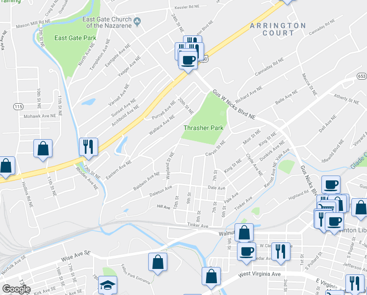map of restaurants, bars, coffee shops, grocery stores, and more near 1807 Edmund Avenue Northeast in Roanoke