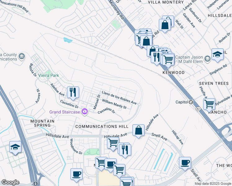 map of restaurants, bars, coffee shops, grocery stores, and more near 2981 Henry Miller Place in San Jose