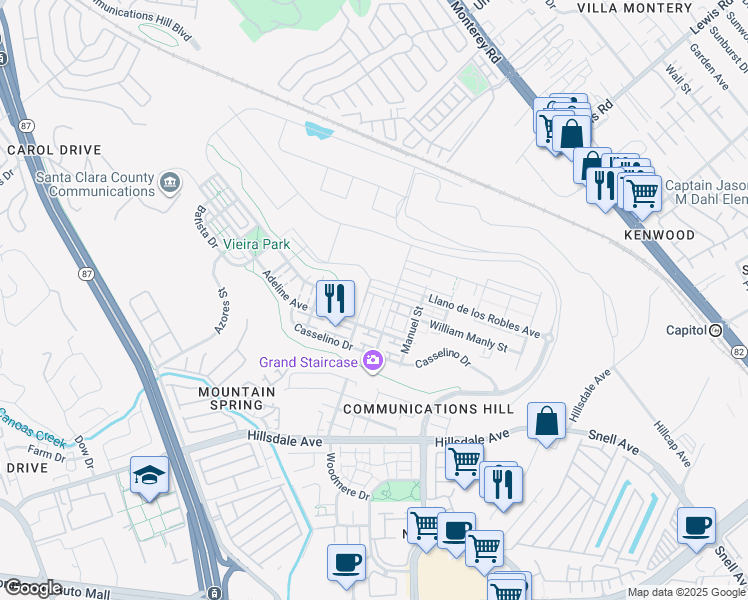 map of restaurants, bars, coffee shops, grocery stores, and more near 3075 Empoli Street in San Jose
