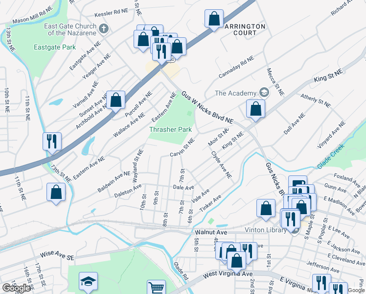 map of restaurants, bars, coffee shops, grocery stores, and more near 2120 Carvin Street Northeast in Roanoke