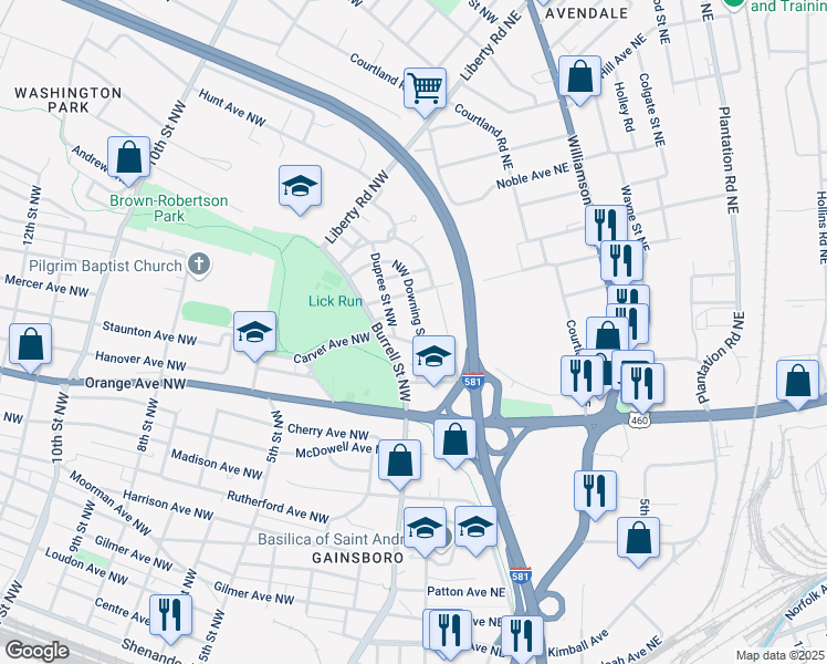 map of restaurants, bars, coffee shops, grocery stores, and more near 1606 Northwest Downing Street in Roanoke