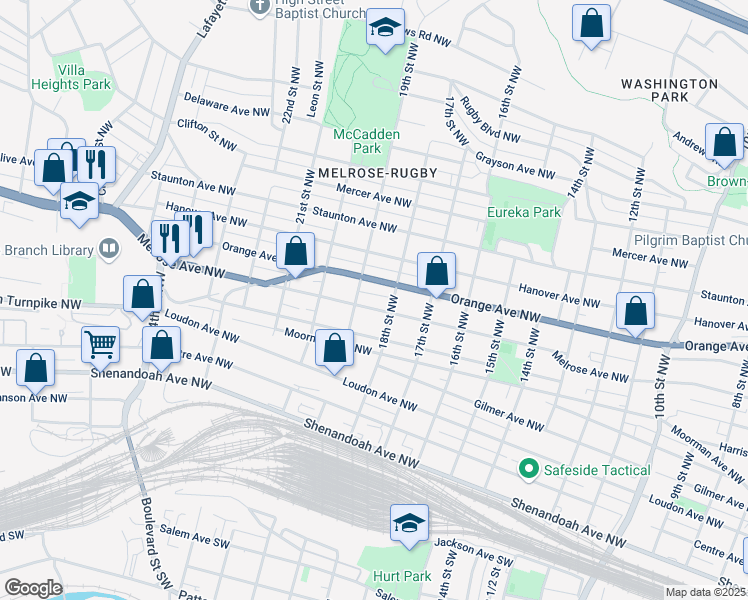 map of restaurants, bars, coffee shops, grocery stores, and more near 1802-1816 Orange Avenue Northwest in Roanoke