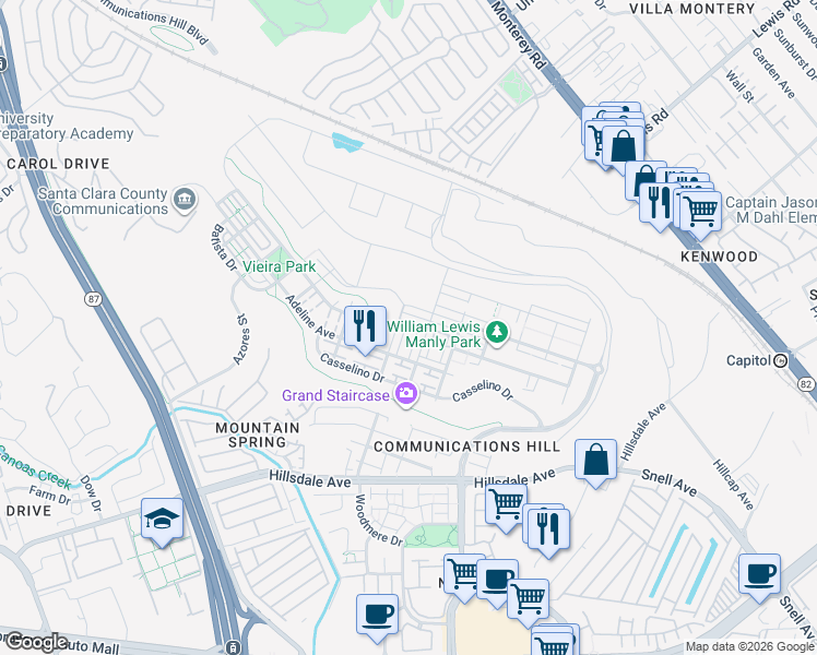 map of restaurants, bars, coffee shops, grocery stores, and more near 3075 Empoli Street in San Jose