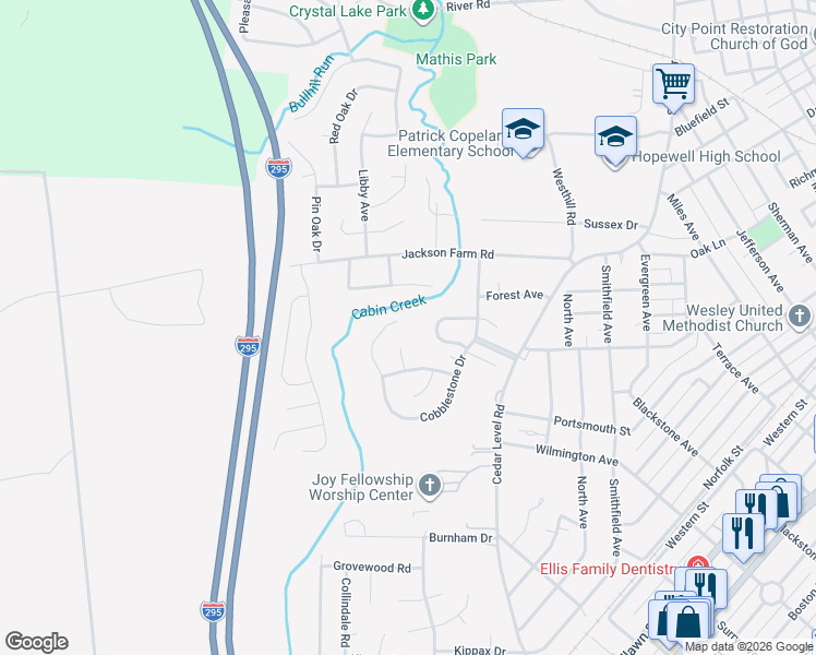 map of restaurants, bars, coffee shops, grocery stores, and more near 520 Cobblestone Drive in Hopewell