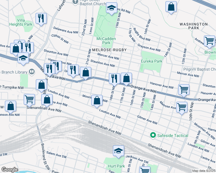 map of restaurants, bars, coffee shops, grocery stores, and more near 1802-1816 Orange Avenue Northwest in Roanoke