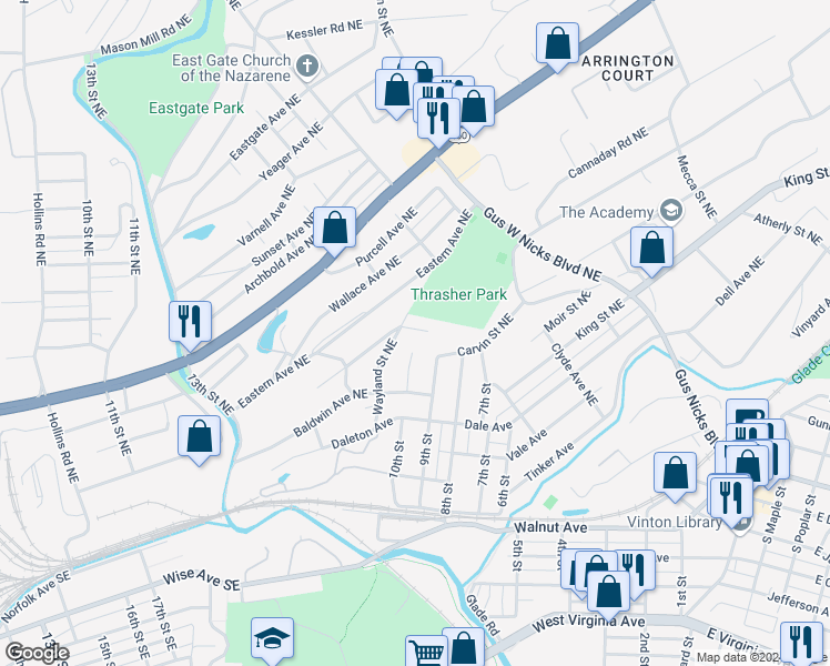 map of restaurants, bars, coffee shops, grocery stores, and more near 1809 Edmund Avenue Northeast in Roanoke