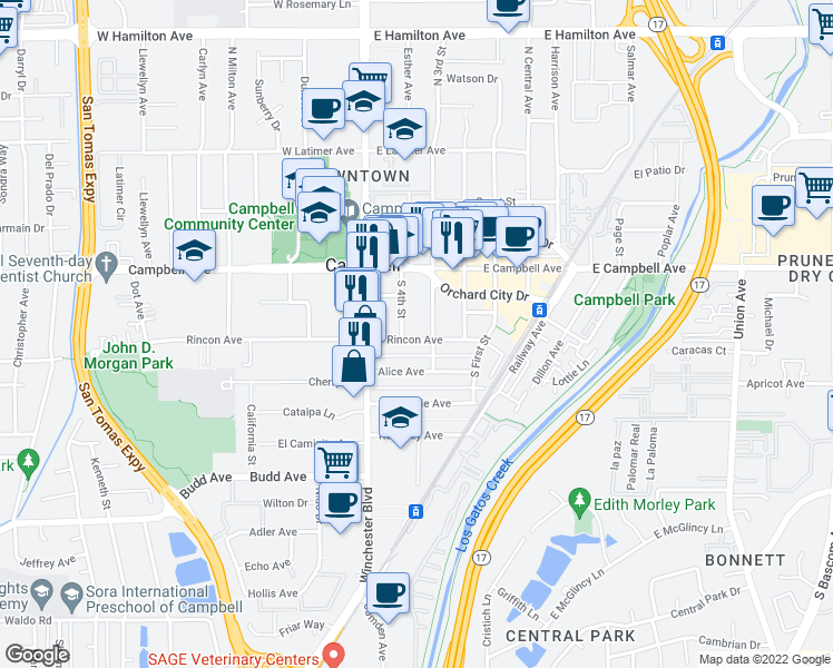 map of restaurants, bars, coffee shops, grocery stores, and more near 101 South 4th Street in Campbell