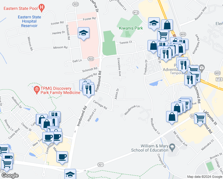 map of restaurants, bars, coffee shops, grocery stores, and more near 5351 Palmer Lane in Williamsburg