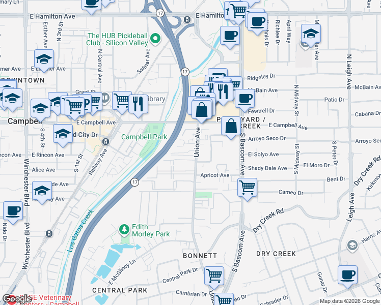 map of restaurants, bars, coffee shops, grocery stores, and more near 768 Duncanville Court in Campbell