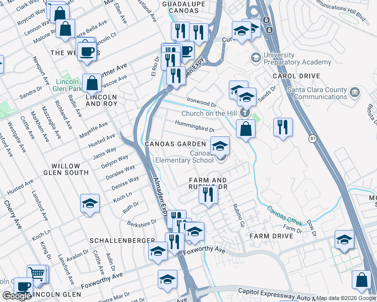 map of restaurants, bars, coffee shops, grocery stores, and more near 908 Wren Drive in San Jose