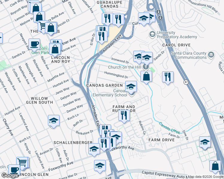 map of restaurants, bars, coffee shops, grocery stores, and more near 908 Wren Drive in San Jose