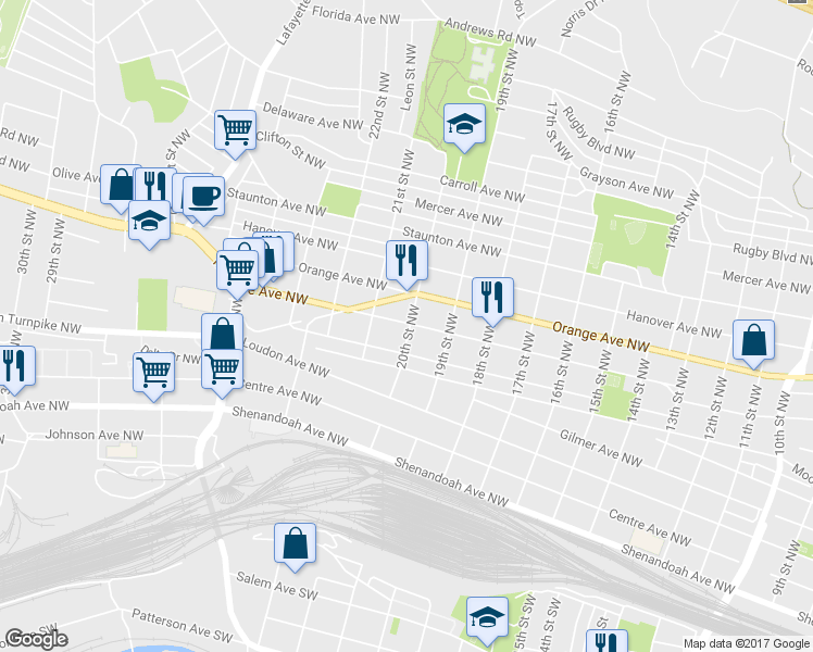 map of restaurants, bars, coffee shops, grocery stores, and more near 601 20th Street Northwest in Roanoke