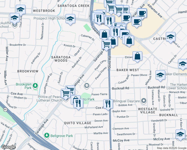 map of restaurants, bars, coffee shops, grocery stores, and more near 12560 Paseo Cerro in Saratoga