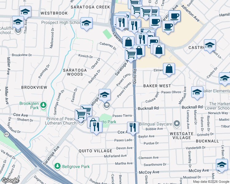 map of restaurants, bars, coffee shops, grocery stores, and more near 12560 Paseo Cerro in Saratoga