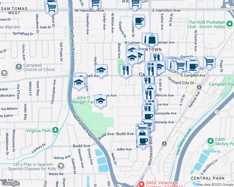 map of restaurants, bars, coffee shops, grocery stores, and more near 253 West Rincon Avenue in Campbell