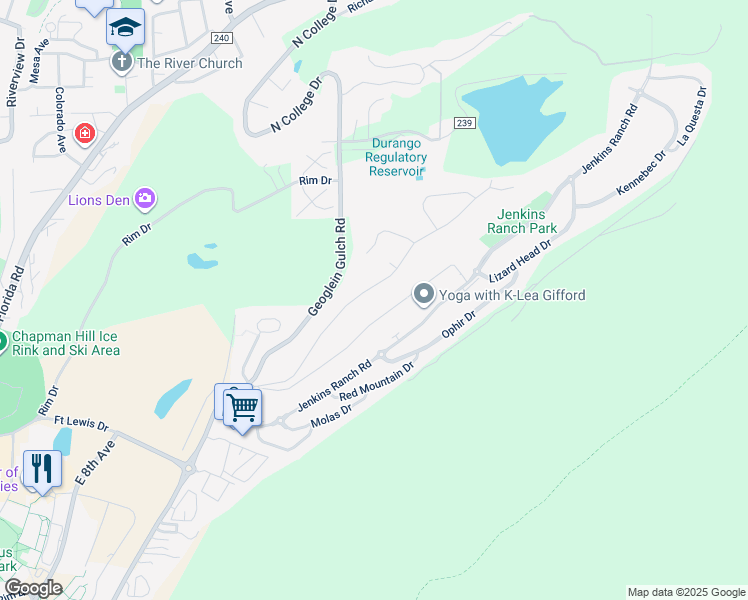 map of restaurants, bars, coffee shops, grocery stores, and more near 304 Hillcrest Drive in Durango