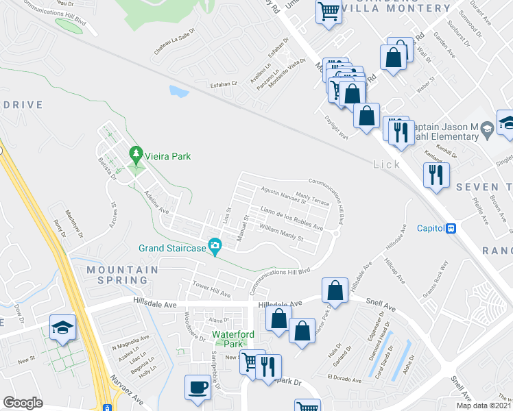 map of restaurants, bars, coffee shops, grocery stores, and more near 2989 Manuel Street in San Jose