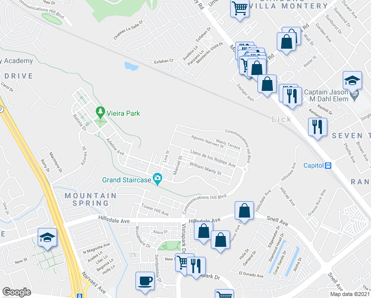 map of restaurants, bars, coffee shops, grocery stores, and more near 2989 Manuel Street in San Jose