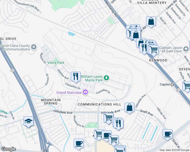 map of restaurants, bars, coffee shops, grocery stores, and more near 337 Llano de los Robles Avenue in San Jose