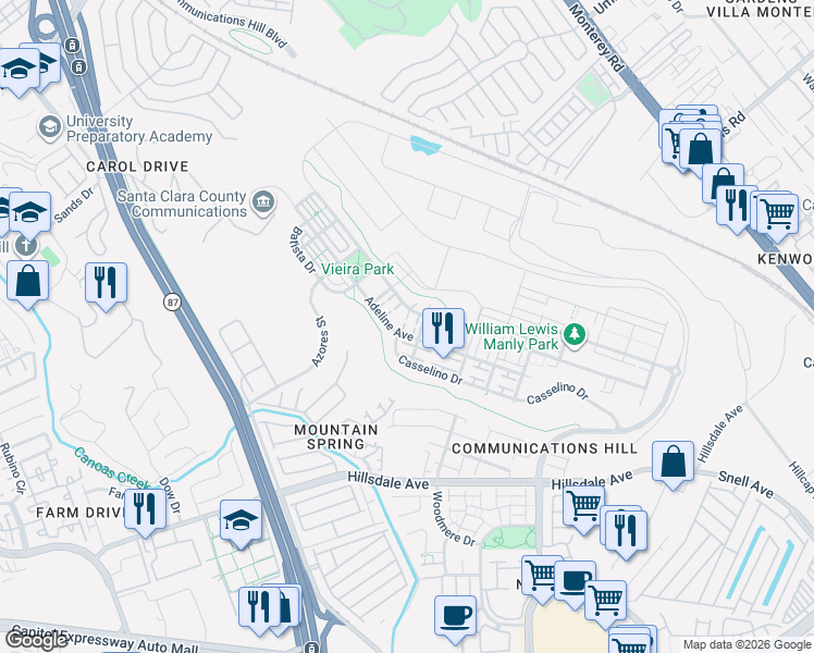 map of restaurants, bars, coffee shops, grocery stores, and more near 609 Adeline Avenue in San Jose