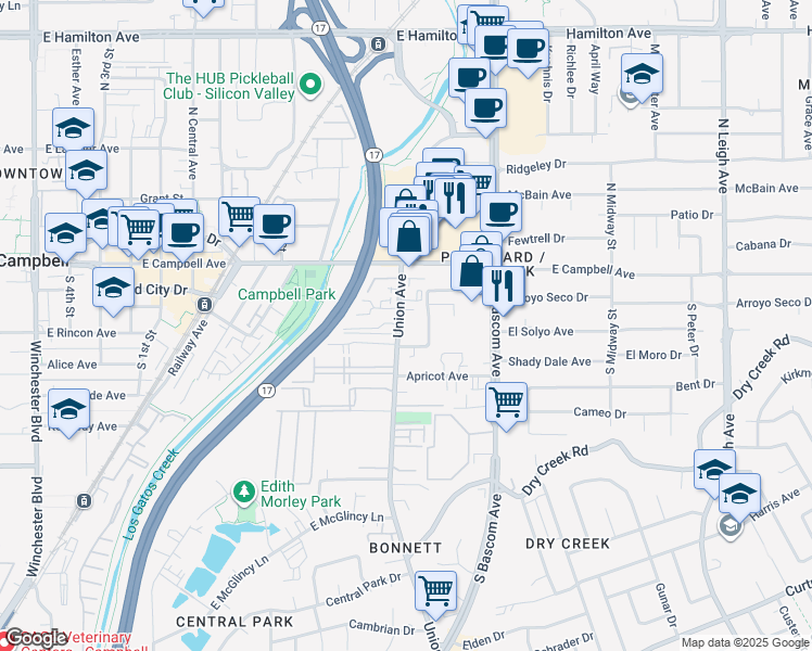 map of restaurants, bars, coffee shops, grocery stores, and more near 78 Union Avenue in Campbell