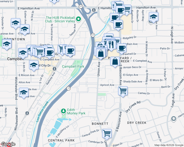 map of restaurants, bars, coffee shops, grocery stores, and more near 768 Duncanville Court in Campbell