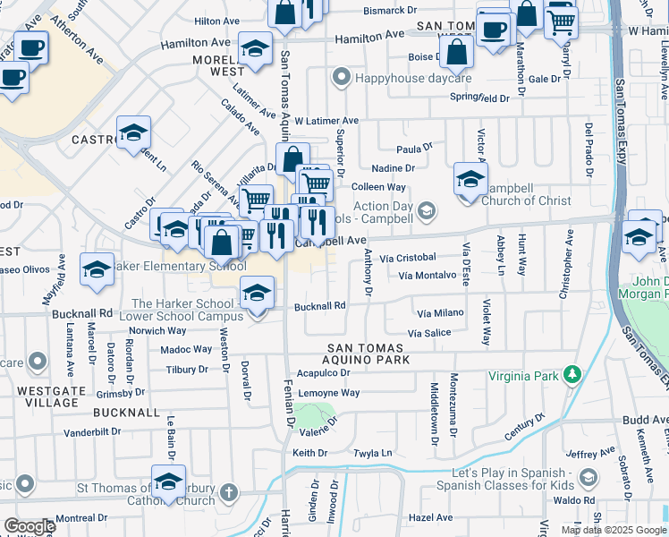map of restaurants, bars, coffee shops, grocery stores, and more near 2021 Orestes Way in Campbell