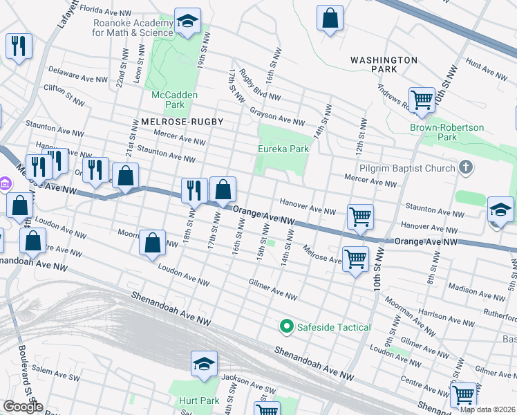 map of restaurants, bars, coffee shops, grocery stores, and more near 1518 Hanover Avenue Northwest in Roanoke