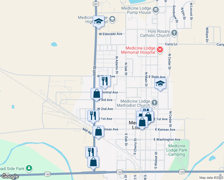 map of restaurants, bars, coffee shops, grocery stores, and more near 403 West Central Avenue in Medicine Lodge