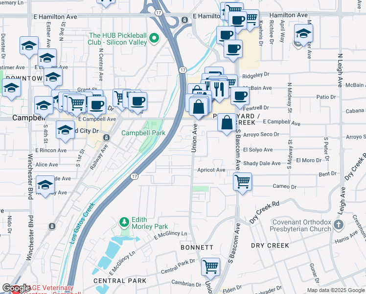 map of restaurants, bars, coffee shops, grocery stores, and more near 133 Union Avenue in Campbell