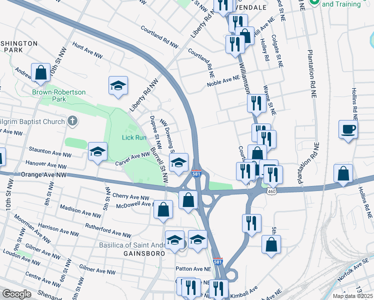map of restaurants, bars, coffee shops, grocery stores, and more near 1523 Dunbar Street Northwest in Roanoke