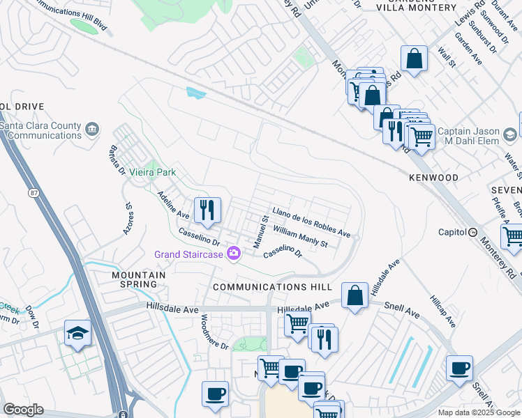 map of restaurants, bars, coffee shops, grocery stores, and more near 337 Llano de los Robles Avenue in San Jose