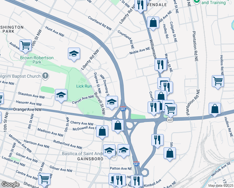 map of restaurants, bars, coffee shops, grocery stores, and more near 1523 Dunbar Street Northwest in Roanoke