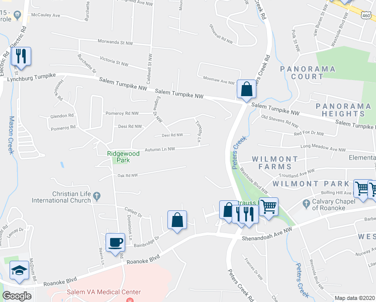 map of restaurants, bars, coffee shops, grocery stores, and more near 4622 Autumn Lane Northwest in Roanoke